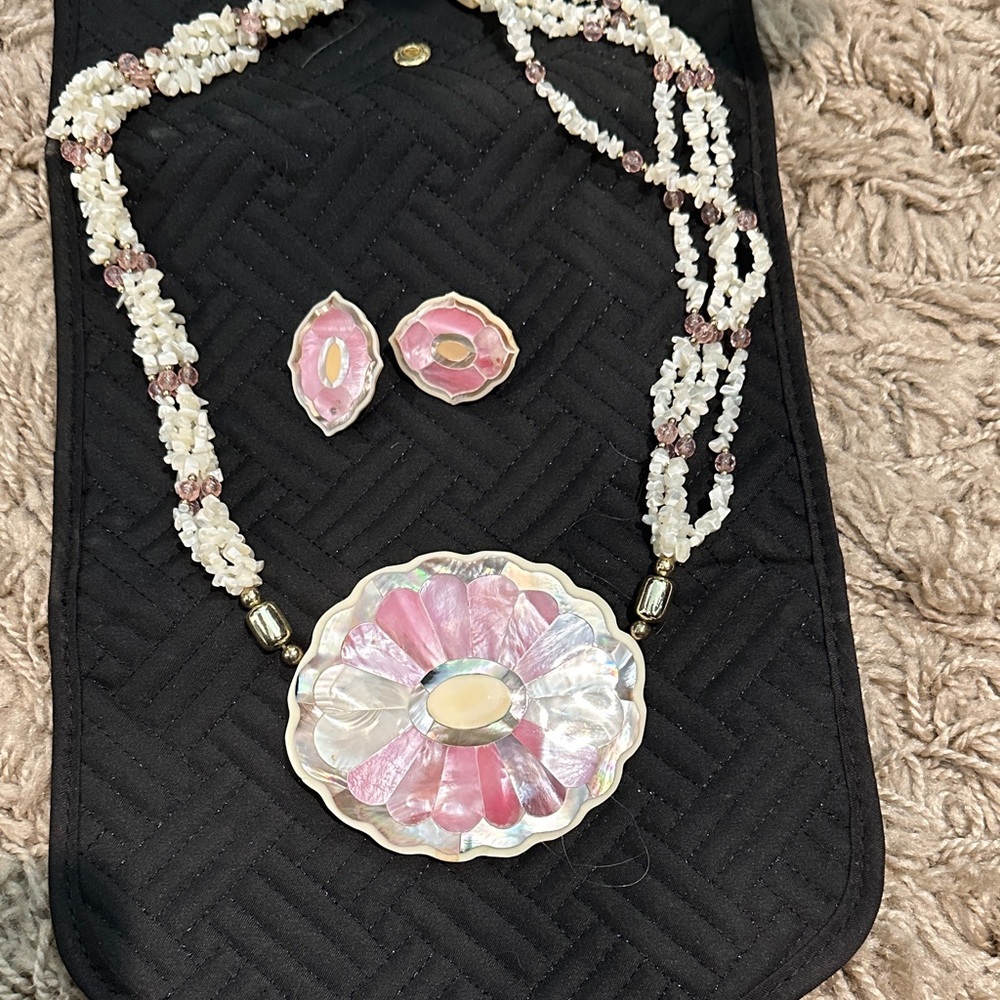 Pink and Pearl Shell White Beaded Necklace and Earring Set